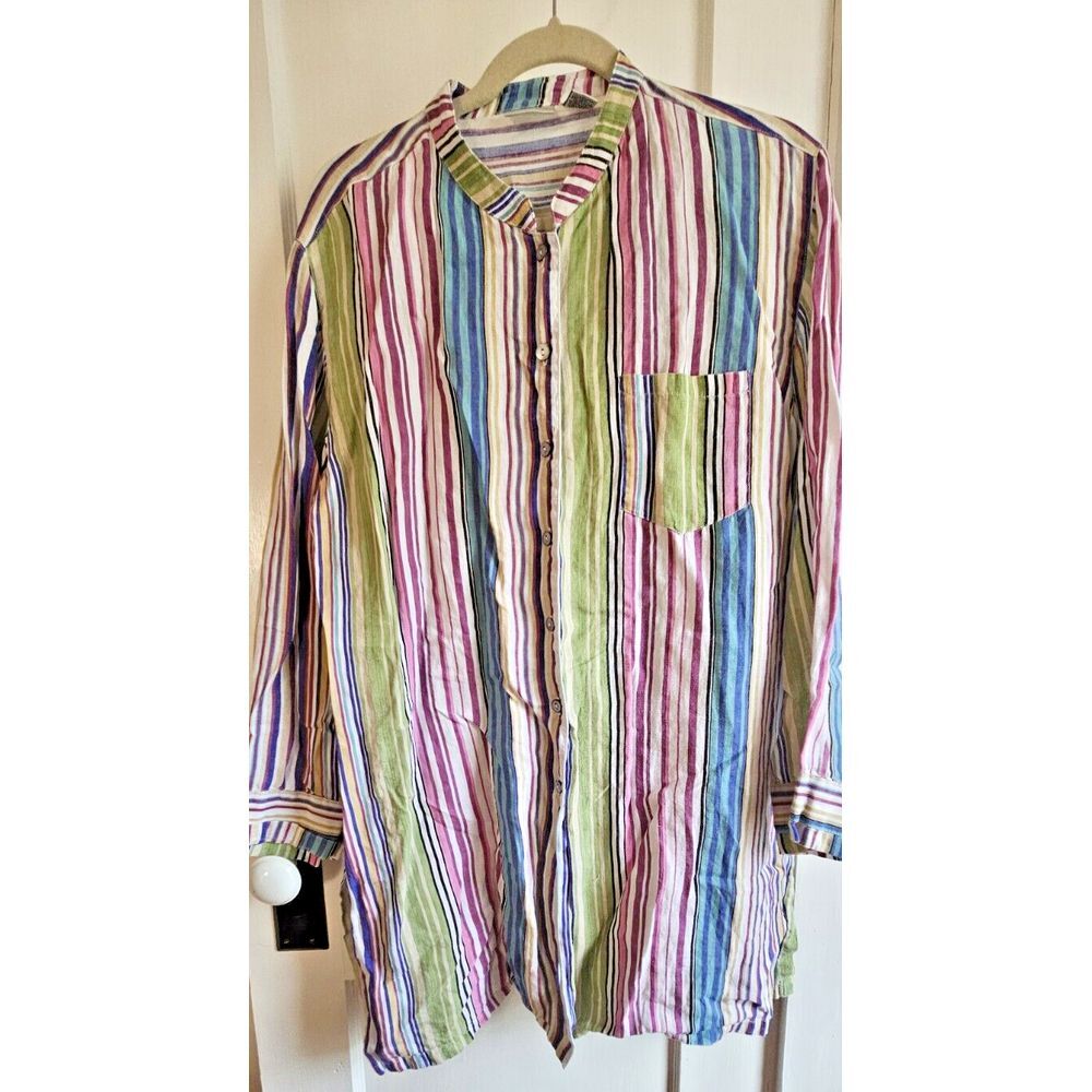 Vtg Chico's woman 100% Linen striped rainbow tunic blouse button up Sz 3/US XL